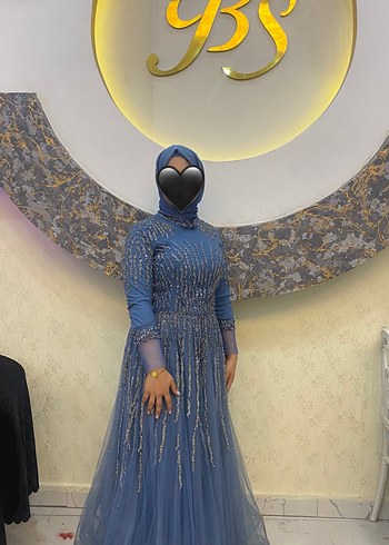 Abiye Uzun Kollu, İşlemeli, Yüksek Yakalı Mavi Uzun Elbise