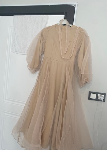 Bej Uzun Kollu Vintage Kadın Elbise - Görsel 2