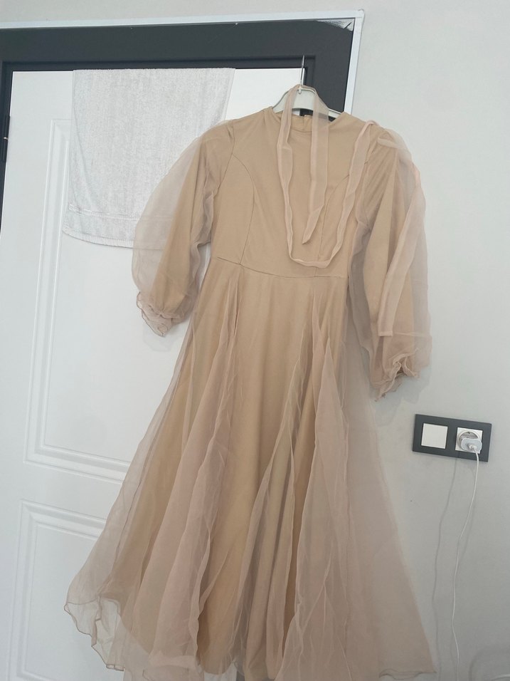 Bej Uzun Kollu Vintage Kadın Elbise - Görsel 2