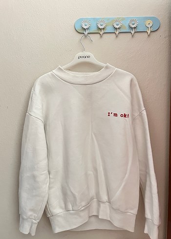Beyaz Pamuklu Uzun Kollu Sweatshirt