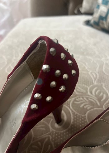 Diğer Bordo Süet Taşlı Yüksek Topuklu Stiletto