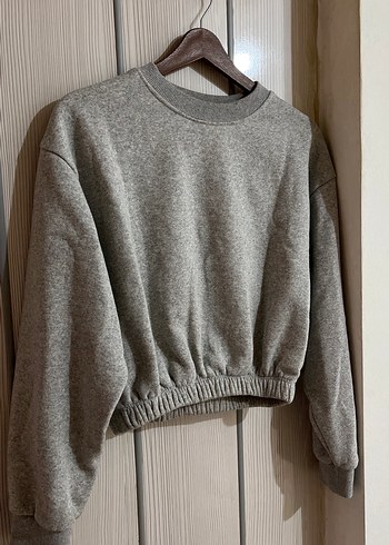 Diğer Gri Kadın Uzun Kollu kısa Oversize Sweatshirt
