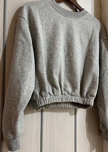 s Beden Gri Kadın Uzun Kollu kısa Oversize Sweatshirt