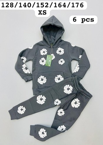 siyah Baskılı Kapüşonlu unisex çocuk Eşofman Takımı