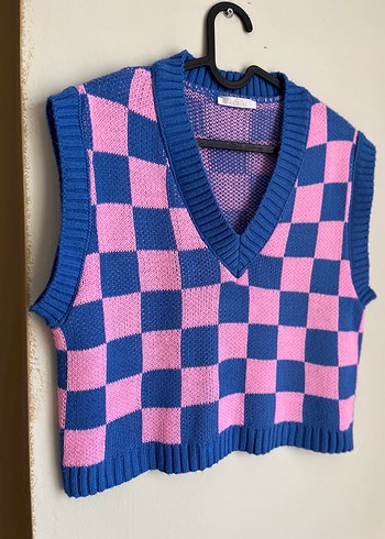 Pembe Mavi Kareli V Yaka Triko Süveter - Görsel 2