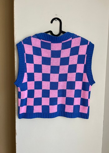 Pembe Mavi Kareli V Yaka Triko Süveter - Görsel 5