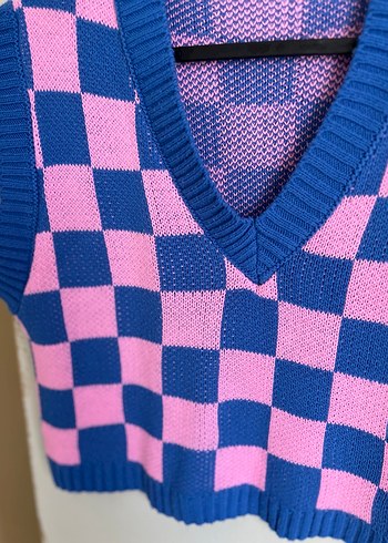 Pembe Mavi Kareli V Yaka Triko Süveter - Görsel 4