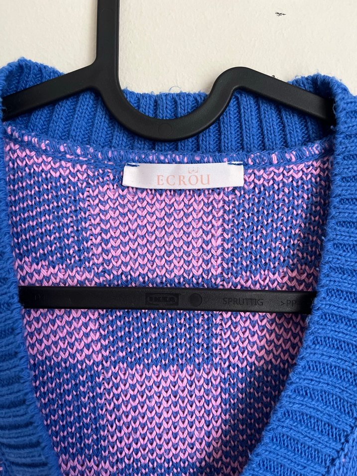 Pembe Mavi Kareli V Yaka Triko Süveter - Görsel 3