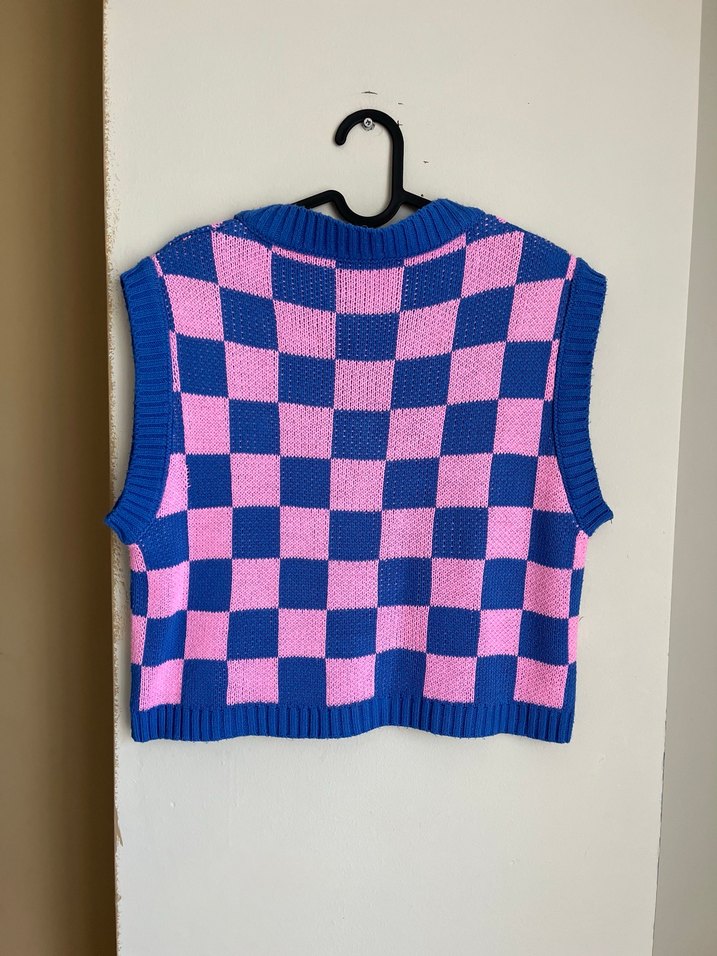 Pembe Mavi Kareli V Yaka Triko Süveter - Görsel 5