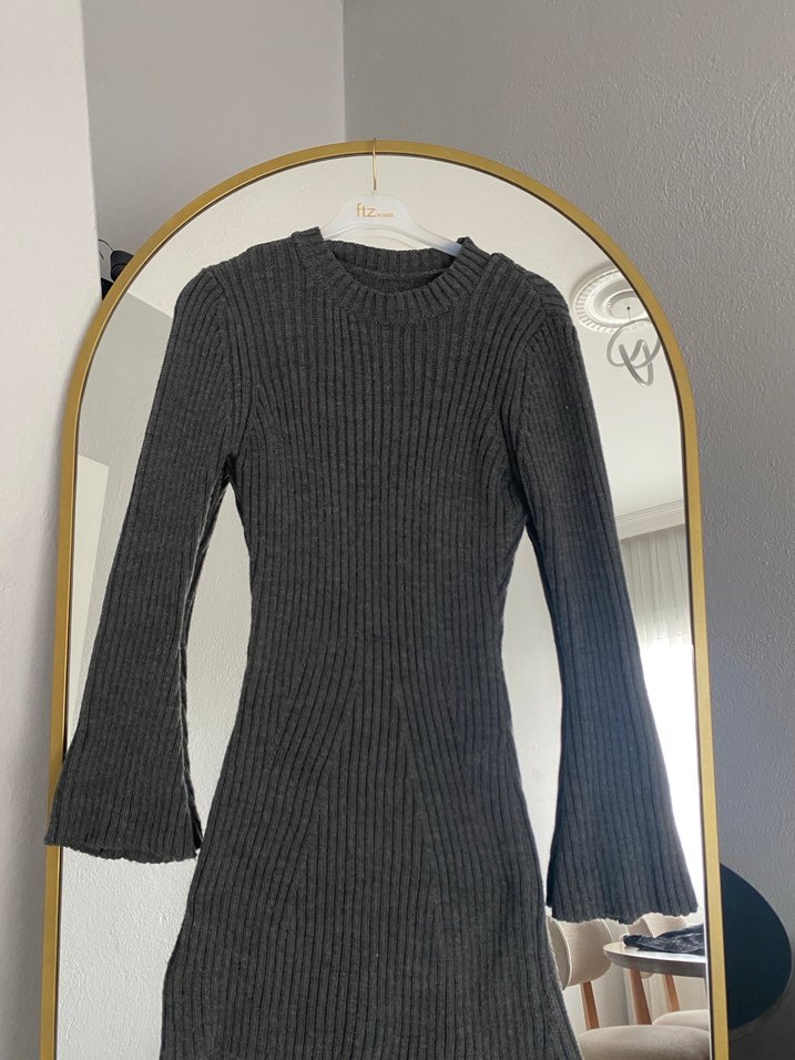 Gri Fitilli Triko Midi Elbise - Görsel 3