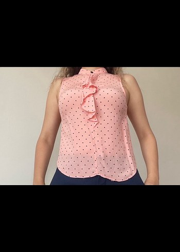 xs Beden Pembe V Yakalı Fırfırlı Kolsuz Bluz
