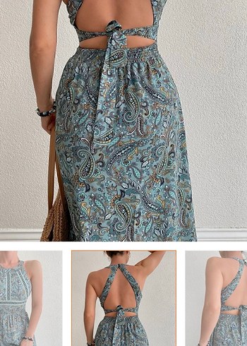 Turkuaz Drapeli Bohem Uzun Elbise - Görsel 3