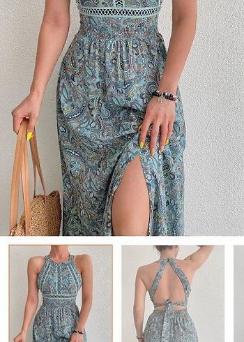 Turkuaz Drapeli Bohem Uzun Elbise - Görsel 2