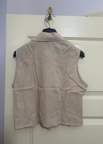 Nakışlı Bej Keten Kolsuz Gömlek - Görsel 2