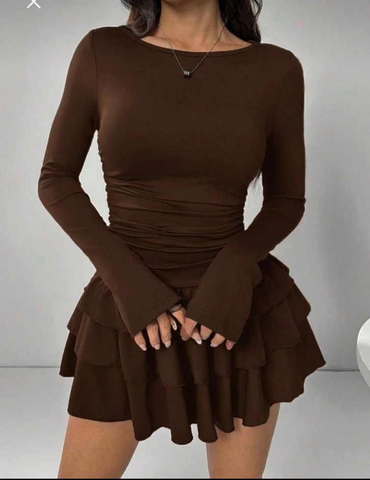 Kadın Kahverengi Mini Elbise, Uzun Kollu, Fırfırlı - Görsel 2