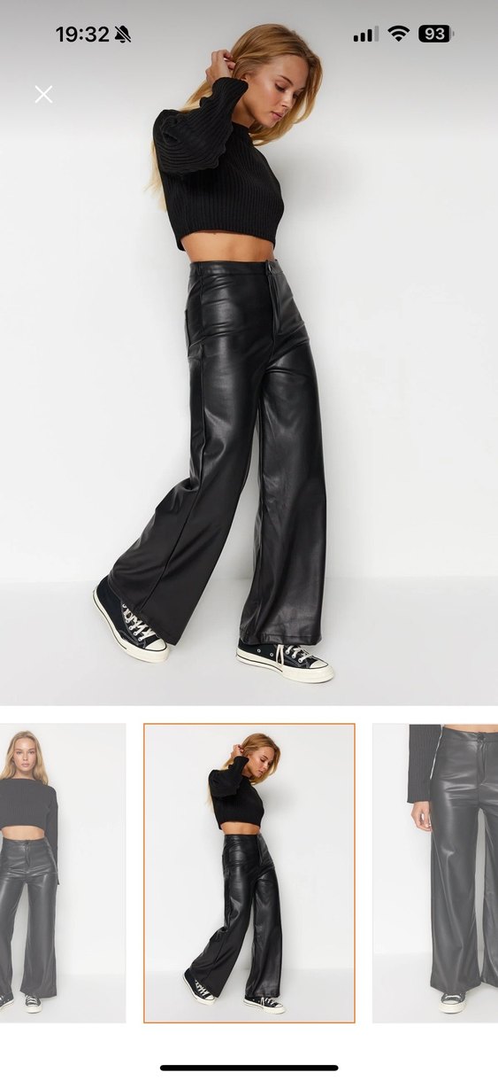 Düğmeli Siyah Deri Kadın Pantolon - Görsel 2