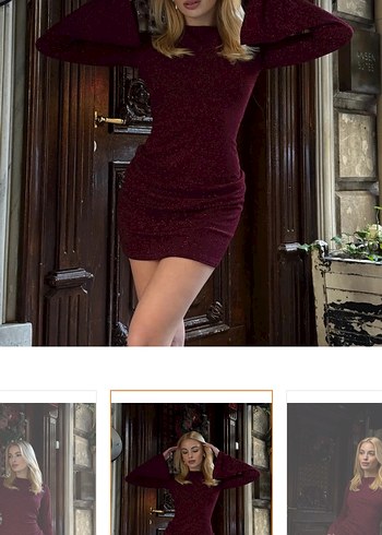 Bordo Mini Drapeli Uzun Kollu Elbise - Görsel 4