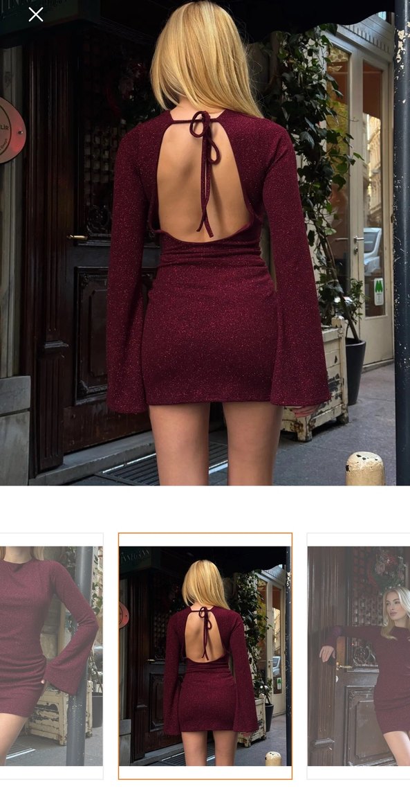 Bordo Mini Drapeli Uzun Kollu Elbise - Görsel 2