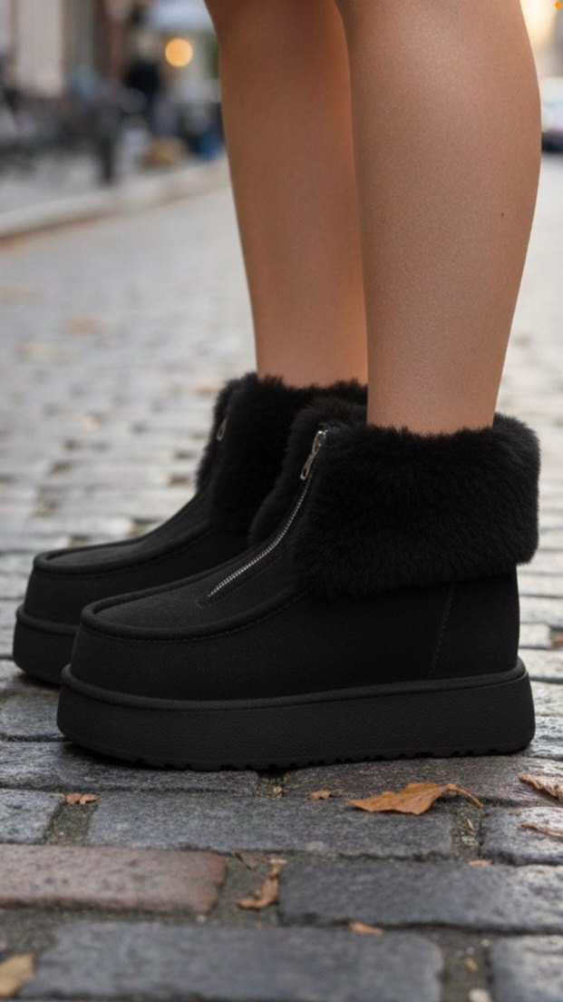 Siyah Süet Kürklü Dolgu Topuk Kadın Bot - Görsel 2