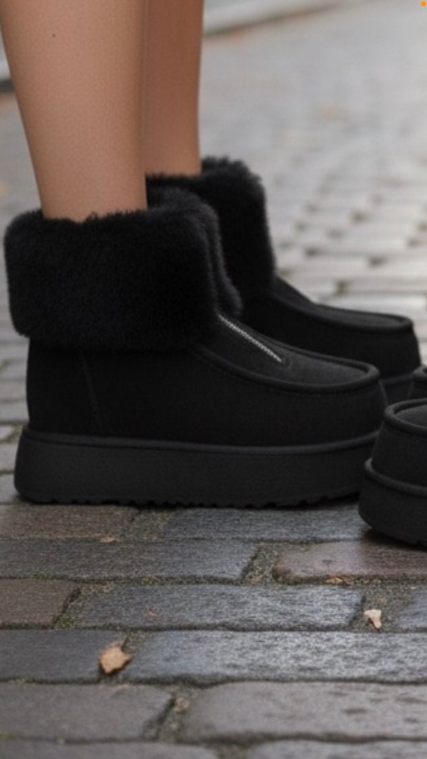 Siyah Süet Kürklü Dolgu Topuk Kadın Bot - Görsel 3