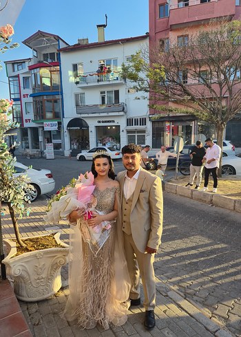 Drapeli Uzun Gold Straplez Abiye