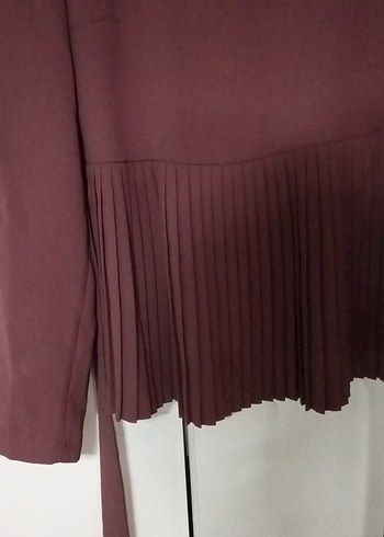 Bordo Uzun Kollu Pliseli Ofis Elbisesi - Görsel 4