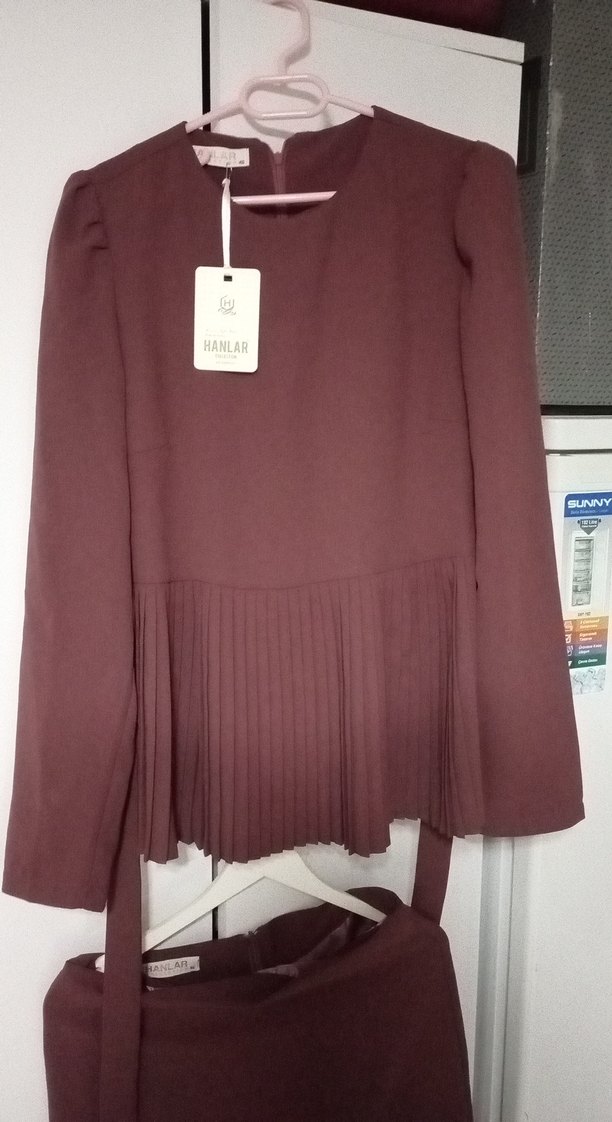 Bordo Uzun Kollu Pliseli Ofis Elbisesi - Görsel 2