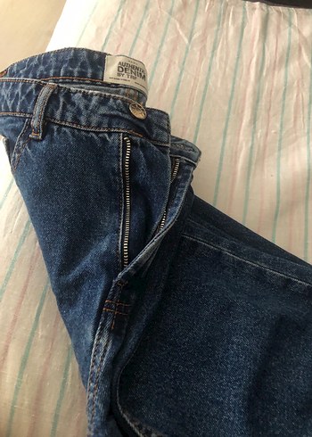 Kadın Mavi Denim Bol Kesim Fermuarlı Pantolon