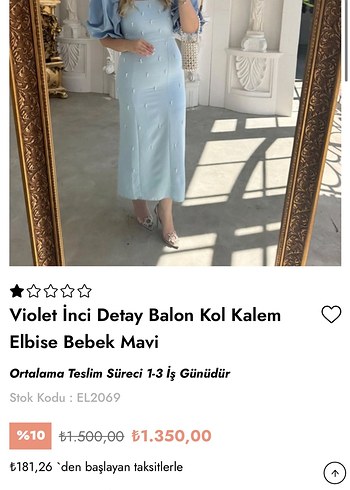 Diğer Mavi inci detay balon kol kalem elbise