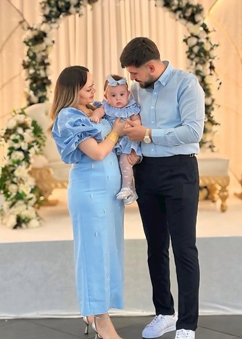 Mavi inci detay balon kol kalem elbise