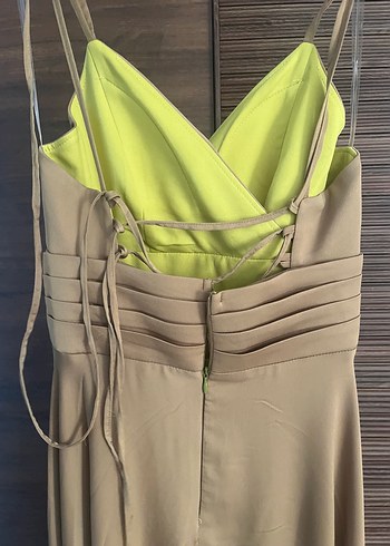 Yağ yeşili Drapeli Uzun Abiye Elbise - Görsel 2