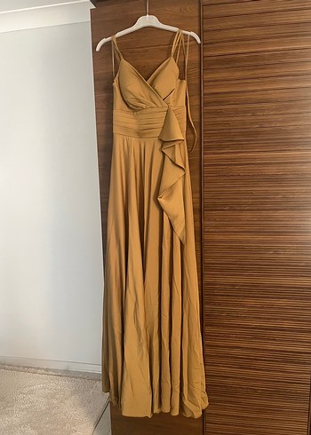 Yağ yeşili Drapeli Uzun Abiye Elbise - Görsel 3