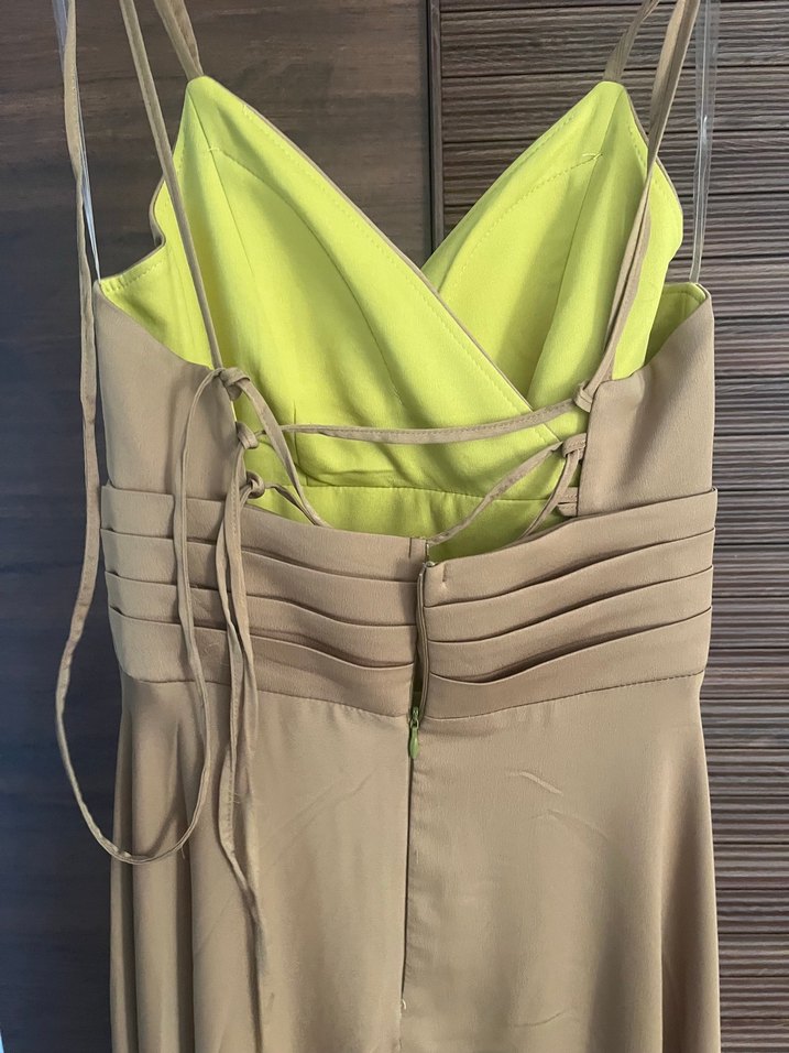 Yağ yeşili Drapeli Uzun Abiye Elbise - Görsel 2