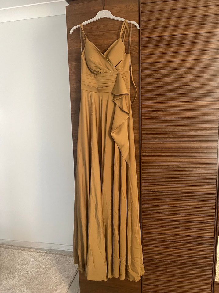 Yağ yeşili Drapeli Uzun Abiye Elbise - Görsel 3