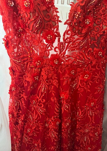 Kırmızı  Uzun kına Abiye Elbise - Görsel 3