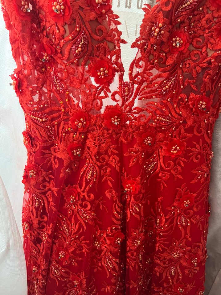 Kırmızı  Uzun kına Abiye Elbise - Görsel 3