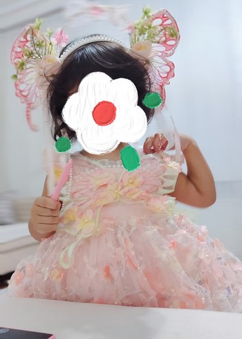 4 Yaş Beden pembe Renk Pembe Dantelli Bohem Straplez Kız Çocuk Elbisesi ve tacı