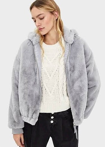 BERSHKA Gri Peluş Kadın Mont