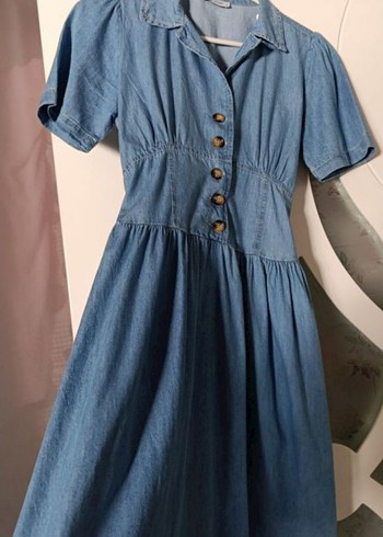 Diğer Düğmeli Mavi Midi Denim Elbise