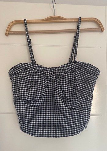 Kadın Gri Kareli Askılı Crop Top