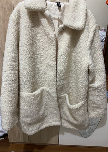 H&M Peluş Detaylı beyaz Midi Kadın Ceket