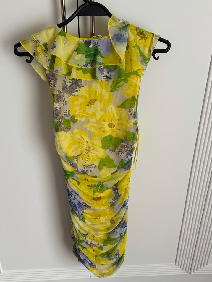 Sarı Drapeli V Yaka Midi Elbise - Görsel 3