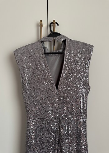 Gri Payetli Drapeli Midi Abiye Elbise - Görsel 5