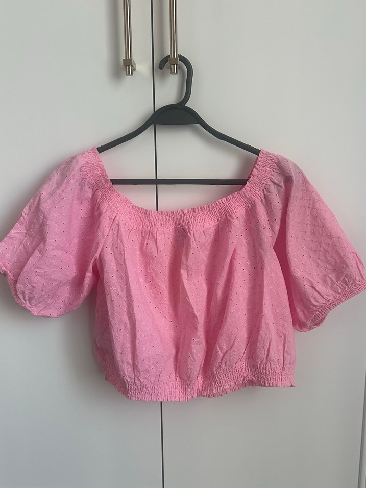 Pembe Keten Mini Bluz, Düğmeli, Kısa Kollu - Görsel 4