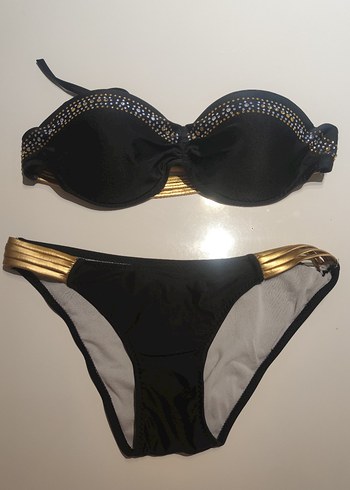 Diğer Altın Kumaş Detaylı Siyah Taşlı Bikini S/XS