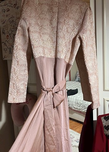 Uzun Kollu Pembe abiye - Görsel 5