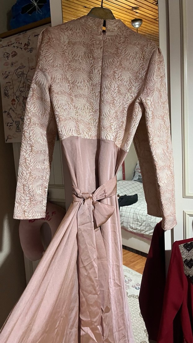 Uzun Kollu Pembe abiye - Görsel 5