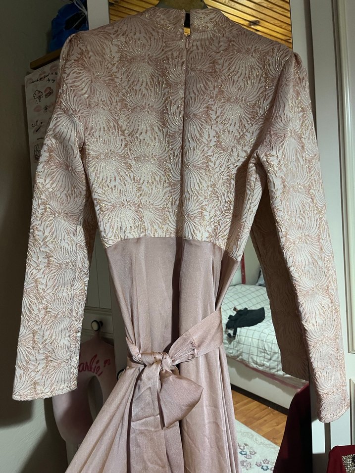 Uzun Kollu Pembe abiye - Görsel 4