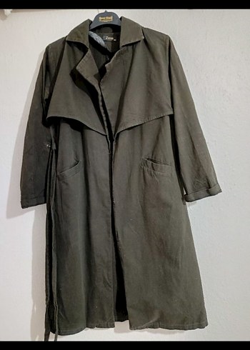 Kadın Koyu Hâki yeşil Keten Kuşaklı Uzun Trençkot - Görsel 6