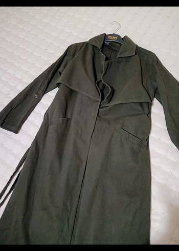 Kadın Koyu Hâki yeşil Keten Kuşaklı Uzun Trençkot - Görsel 5